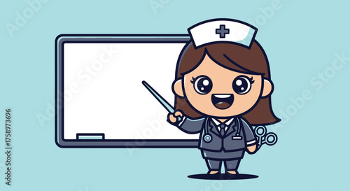 Cartoon nurse pointing at a whiteboard with a pointer