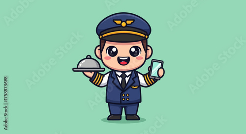 Cartoon pilot holding tray and phone
