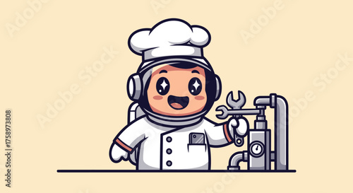 Cartoon chef astronaut repairs pipes with wrench