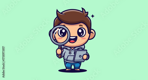Cartoon boy holding magnifier and tablet