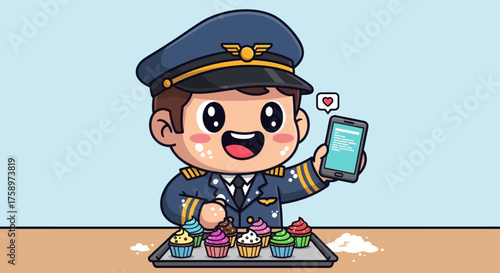 Cartoon pilot taking pictures of cupcakes