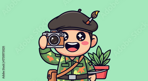 Cartoon artist with camera, beret, paintbrush and plant, against a mint background