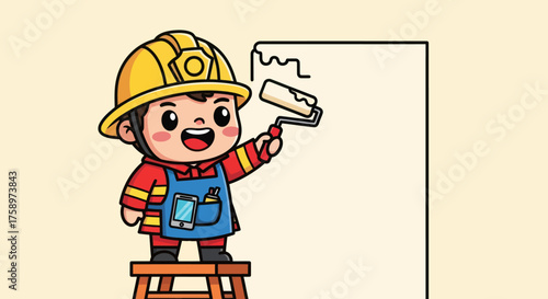 Cartoon builder on ladder, painting wall with roller