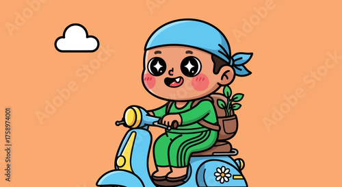 Cartoon boy with plants, rides blue scooter