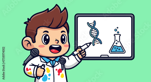 Cartoon scientist explaining DNA with whiteboard, flask and colorful spots
