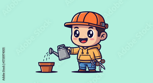 Cartoon gardener waters plant (1)