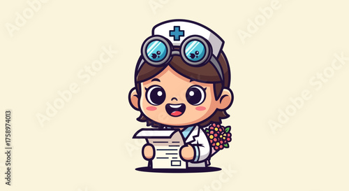 Cartoon nurse reading a document with flowers on a beige background