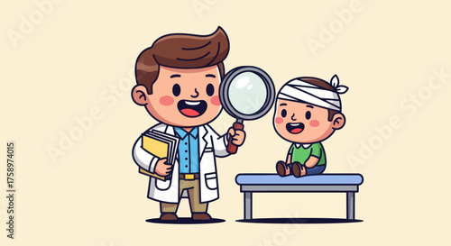 Cartoon doctor examines child patient with head bandage using a magnifier