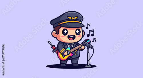 Cartoon pilot sings into mic, holding a guitar