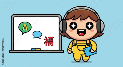 Cartoon person next to a whiteboard with speech bubbles and Chinese writing