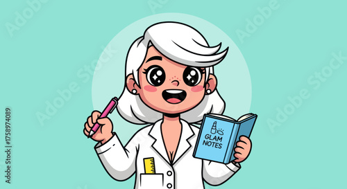 Cartoon beauty chemist writing in notebook with lipstick icon, on teal