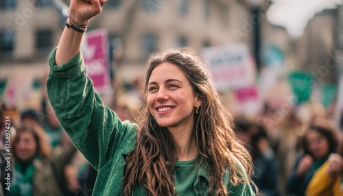 Young Woman Smiling and Raising Fist During Rally for Social Justice in a Vibrant Urban Setting