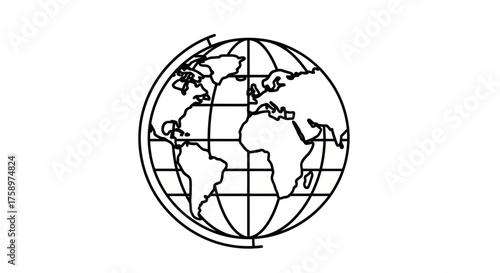 Stylized Black and White Globe Illustration with Continents and Meridian Lines.