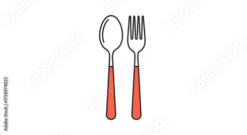 A simple line art illustration of a spoon and fork with reddish-brown handles.