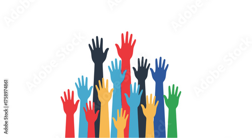 A diverse group of colorful human hands raised up in the air a vector illustration of community participation and volunteering.