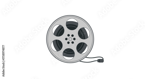Film Reel with Exposed Film Strip Silver Casing and Central Perforations.
