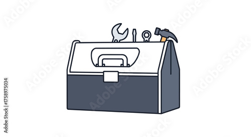Illustrated Toolbox with Tools: Wrench Screwdriver and Hammer.