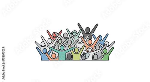 Diverse Group of Stylized People Cheering with Raised Arms.