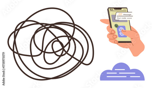 Tangled lines symbolize confusion, hand holding smartphone depicts verification, PIN input concept next to cloud. Ideal for security, online access, digital identity, cloud storage, multitasking