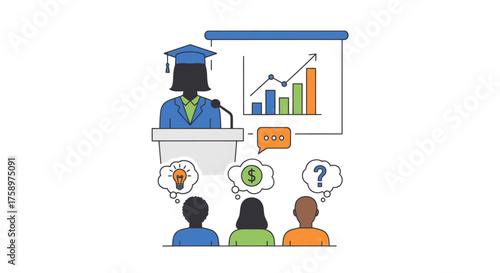 Graduate presenting data chart at podium to audience with thought bubbles.