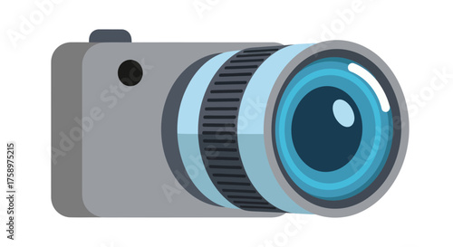 Cartoon Style Digital Camera with Prominent Blue Lens and Gray Body.