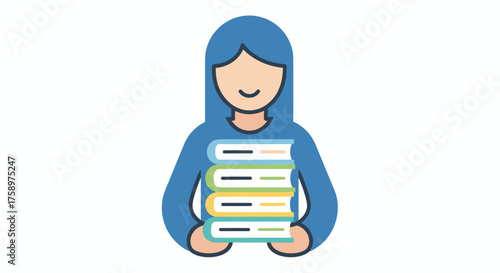 Young woman with blue hair holding a stack of colorful books.