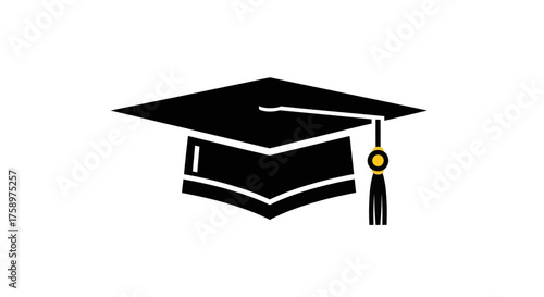 Black Graduation Cap Mortarboard Icon with Tassel.