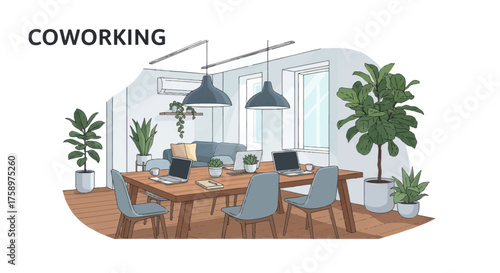 Modern coworking space illustration featuring a shared wooden table laptops and lush green plants.