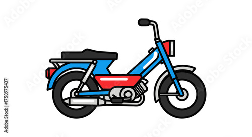 Blue and Red Moped Illustration with Black Seat and Tires.