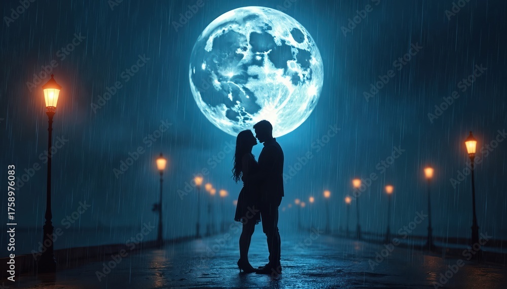 Obraz premium Young couple stand in close embrace as romantic silhouettes under huge blue full moon at night. Rain falls gently on wet path lined with glowing vintage street lamps. Lovers share truly passionate,