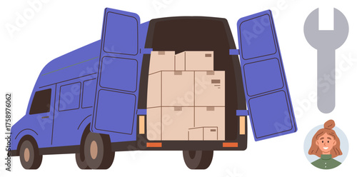 Blue van loaded with boxes, open rear doors, wrench, smiling driver. Ideal for logistics, shipping, e-commerce, repair delivery services transportation teamwork. Simple flat metaphor