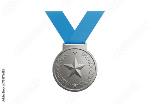 Fotografie Silver medal with blue ribbon isolated PNG, award for sports competition and ach