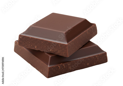 Fotografie Two dark chocolate squares stacked isolated on transparent PNG, rich cocoa treat