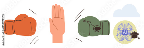 Two boxing gloves in conflict, a raised hand mediating, AI chip with graduation cap implying resolution. Ideal for technology, balance, education, AI ethics, conflict resolution, cooperation