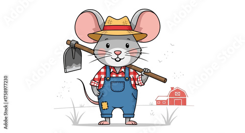 Farmer mouse with hoe illustration wearing overalls  straw hat on farm depicting agriculture themes for childrens books and educational material