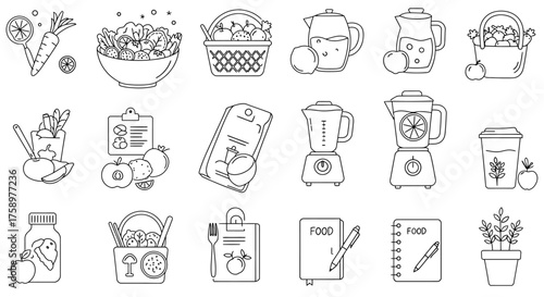 healthy eating icons depicting fruits vegetables and kitchenware for recipe books and articles about nutrition and cooking promoting healthy lifestyles