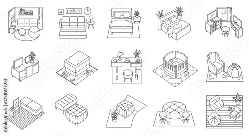 isometric furniture various room settings with detailed furnishings creating interior design mockups for architecture projects and decor blogs