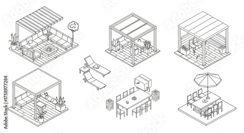 Isometric patio design illustration showcasing different pergola setups and outdoor lounge areas perfect for architectural visualization projects.