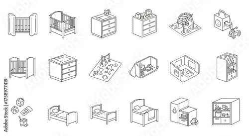 nursery furniture set baby cribs changing table and toy storage solutions ideal for interior design mockups and baby room planning outlined design
