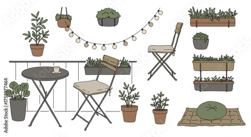 outdoor balcony garden illustration cozy chairs and plants creating a peaceful retreat ideal for relaxation and enjoying nature in a small urban space.