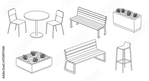 outdoor furniture showcasing a table with chairs benches planters and stool for illustrating urban design and relaxation in public spaces.