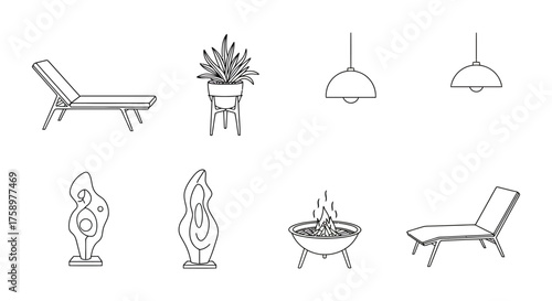 outdoor furniture showcasing lounge chairs fire pit and sculptures creating an inviting scene for relaxation and sophisticated outdoor living spaces