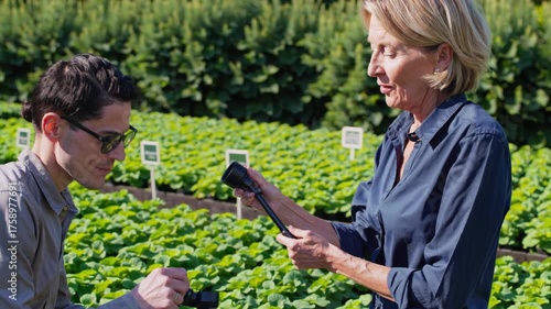 Experienced botanist mentoring junior researcher, carefully examining plant specimen through magnifying lens inside sunlit greenhouse botanical workspace