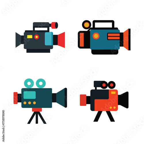 Vector icon set of vintage video camera, Flat design style isolated on white background.