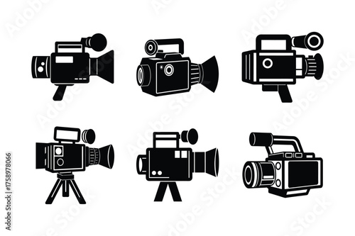 Vector icon set of vintage video camera, Flat design style isolated on white background.