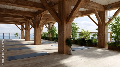 Serene Yoga Studio Interior with Natural Light and Greenery