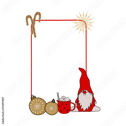 Holiday frame with gnome, mug, Christmas ornaments and lollipops vector illustration 