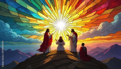 Jesus Christ appears in radiant stained glass on mountain peak with Moses, Elijah. Divine light illuminates scene revealing spiritual revelation to disciples below. Artwork faith, religious