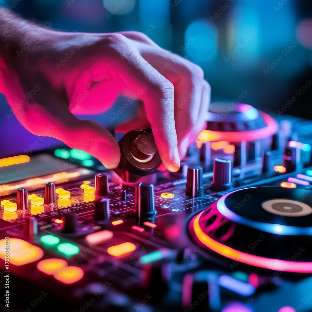 Obraz premium DJ's Hand on Neon Mixer, Music , Nightlife