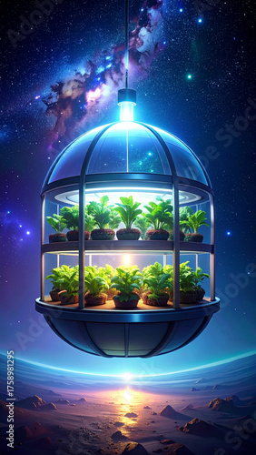Zero Gravity Hydroponic Garden Dome in Deep Space. Vertical Astral Space Background. Generated Image